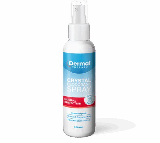 Front of Dermal Therapy crystal deodorant spray bottle with blue label and red panel