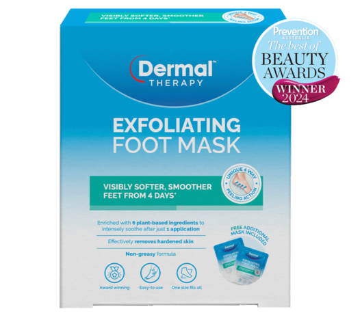 Image of the Dermal Therapy Exfoliating Foot Mask packaging showcasing the product box with prominent Prevention Australia The Best of Beauty 2024 winner badge.