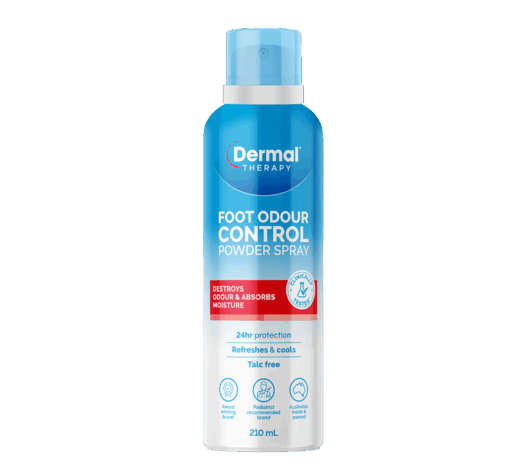 Front view of Dermal Therapy Foot Odour Control Powder Spray bottle showing blue and white label and cap