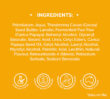Ingredients list for Dermal Therapy Lip Balm Enriched with Pawpaw displayed on an orange background with small icons along the bottom