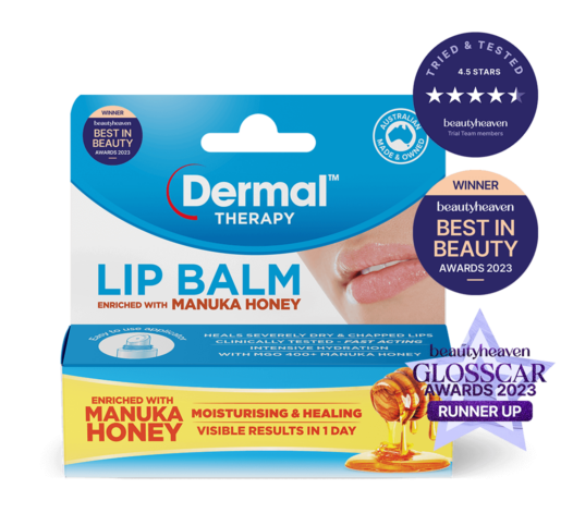 Front view of Dermal Therapy Manuka Honey Lip Balm packaging, showcasing the product box with prominent beautyheaven Tried & Tested star rating of 4.5 out of 5, beautyheaven Best in Beauty 2023 winner badge for Best Lip Balm.