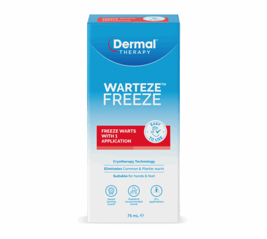 Front view of Dermal Therapy Warteze Freeze product box with blue and white packaging.