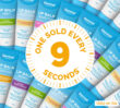 Collage of Dermal Therapy lip balm variants with the text “One sold every 9 seconds”.