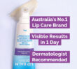 Dermal Therapy lip balm tube with a small amount of product squeezed out beside purple text blocks