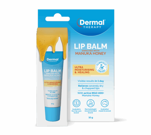 Front View of the Packaging for Dermal Therapy Lip Balm Enriched with Manuka Honey