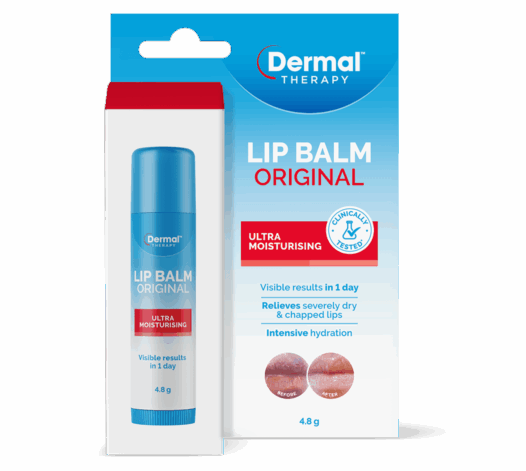 Front of Dermal Therapy Lip Balm Original packaging with lip balm stick and product name