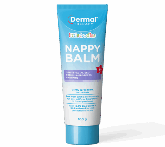 Front of Dermal Therapy Little Bodies Nappy Balm tube with blue and white packaging and product name