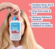 Bottle of Dermal Therapy Scalp Relief Shampoo & Conditioner held in front of a person, with product feature text displayed on a pink background.