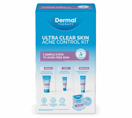 Front of Dermal Therapy acne control kit box with three step routine and product images