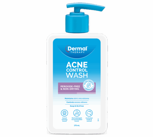Front of Dermal Therapy Acne Control Wash bottle with blue label and pump dispenser