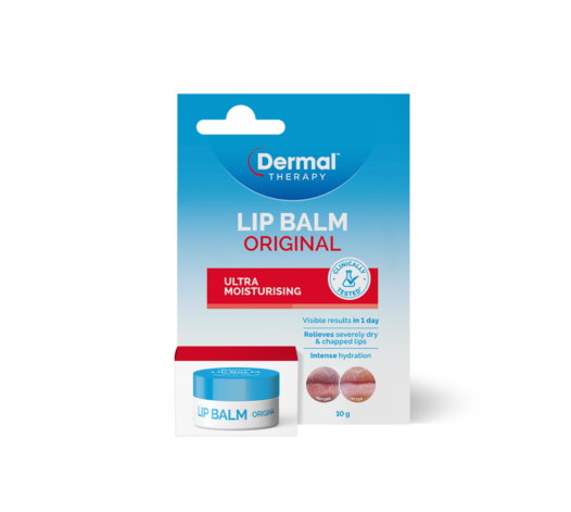 Front of Dermal Therapy Lip Balm Original retail packaging with lip balm tub displayed at the base
