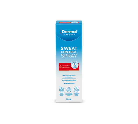 Front view of Dermal Therapy Sweat Control Spray retail packaging showing product name and branding
