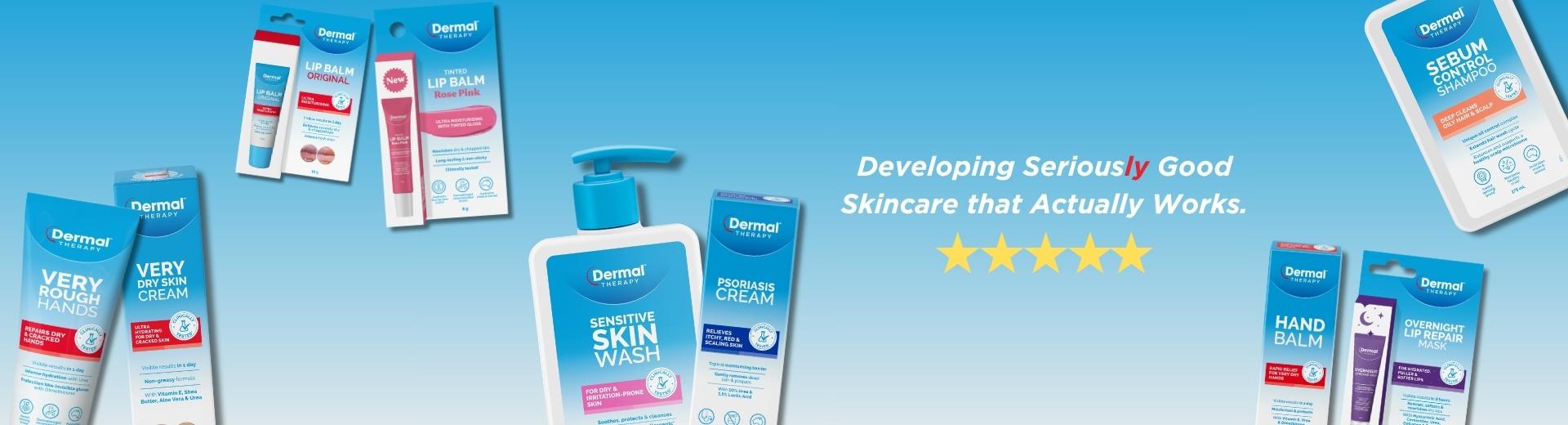 Assorted Dermal Therapy products arranged on a blue background with text and star icons