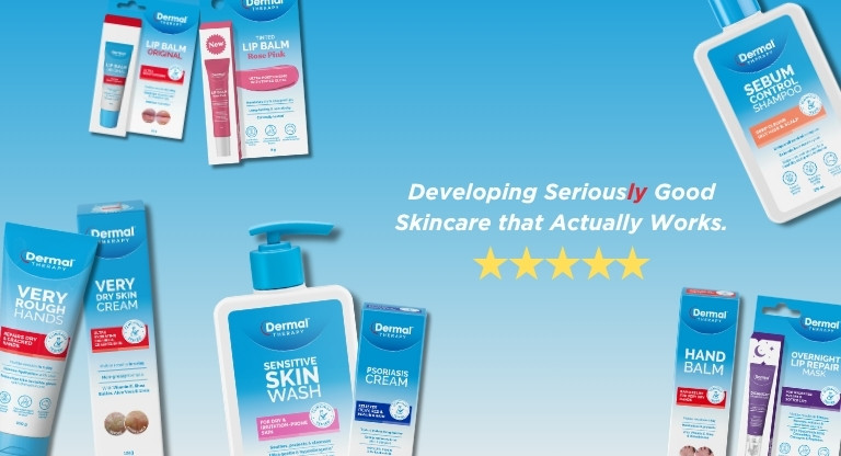 Assorted Dermal Therapy products arranged on a blue background with text and star icons