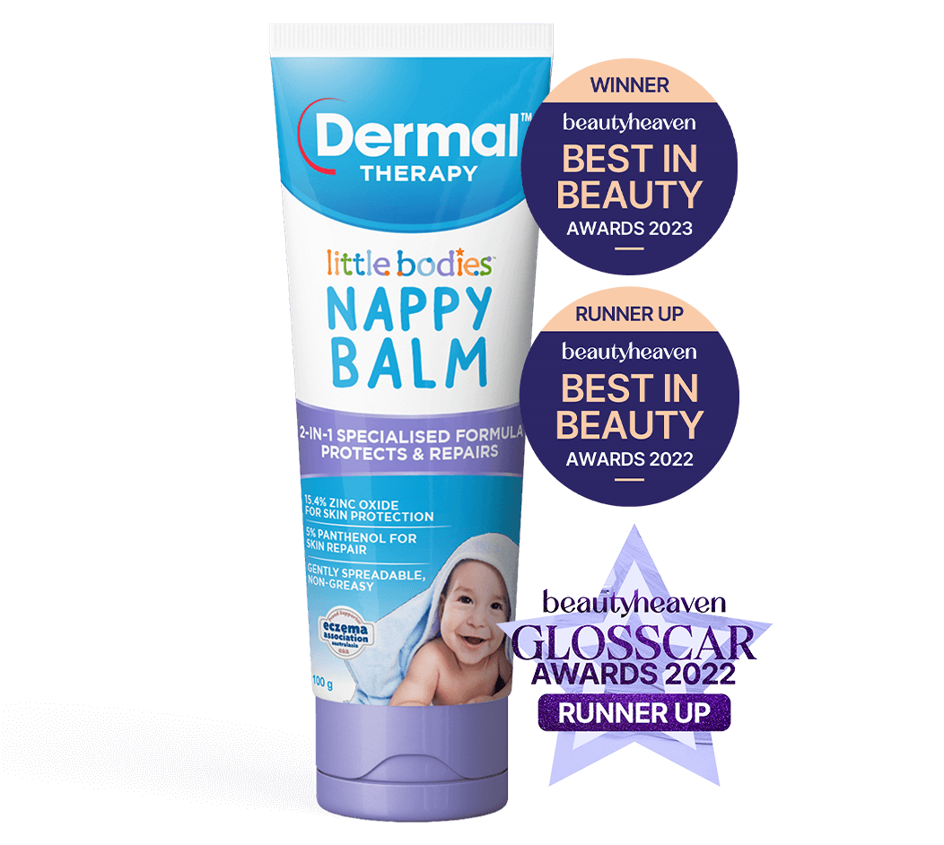 Front view of Dermal Therapy Little Bodies Nappy Balm packaging, showcasing the product box with prominent beautyheaven Best in Beauty 2023 winner badge for Best Product for Babies.
