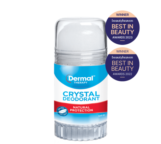 Front view of Dermal Therapy Crystal Deodorant packaging, showcasing the product box with prominent beautyheaven Best in Beauty 2023 and 2022 winner badges for Best Natural Deodorant.