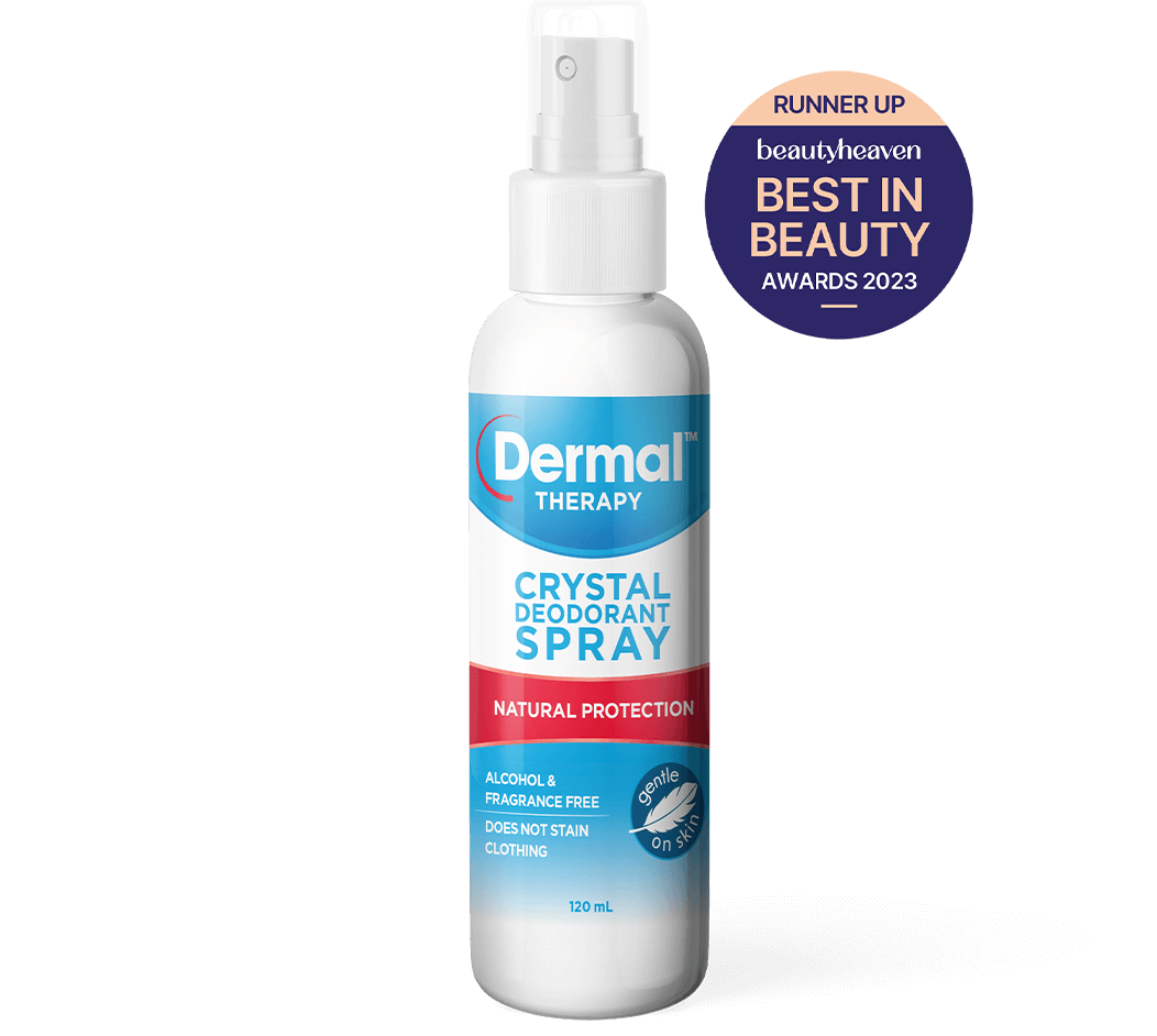 Front view of Dermal Therapy Crystal Deodorant Spray packaging, showcasing the product box with prominent beautyheaven Best in Beauty 2023 runner up badge for Best Deodorant.