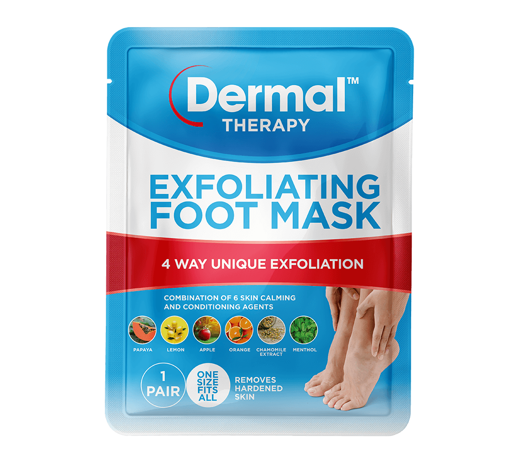 Front view of Exfoliating Foot Mask packaging, an easy-to-use option for the effective removal of hardened skin, now with an additional mask.