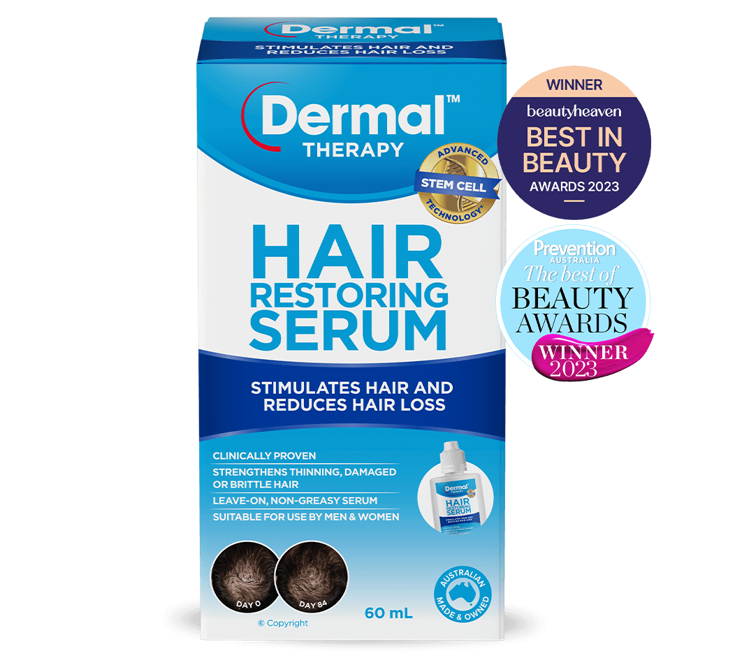 Front view of Dermal Therapy Hair Restoring Serum packaging, showcasing the product box with prominent Healthy Hair Awards 2023 winner badge for Best Hair Thinning Treatment.