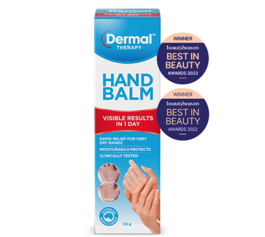 Front view of Dermal Therapy Hand Balm packaging, showcasing the product box with prominent beautyheaven Best in Beauty 2023 and 2022 winner badges for Best Hand Cream.