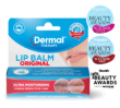 Front view of Dermal Therapy Lip Balm packaging, showcasing the product box with prominent Prevention Australia The Best of Beauty 2023, 2022 and winner badge for Mamamia You Beauty Awards