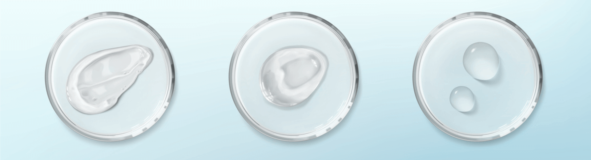 Three samples to represent urea in skincare on petri dishes with a blue background