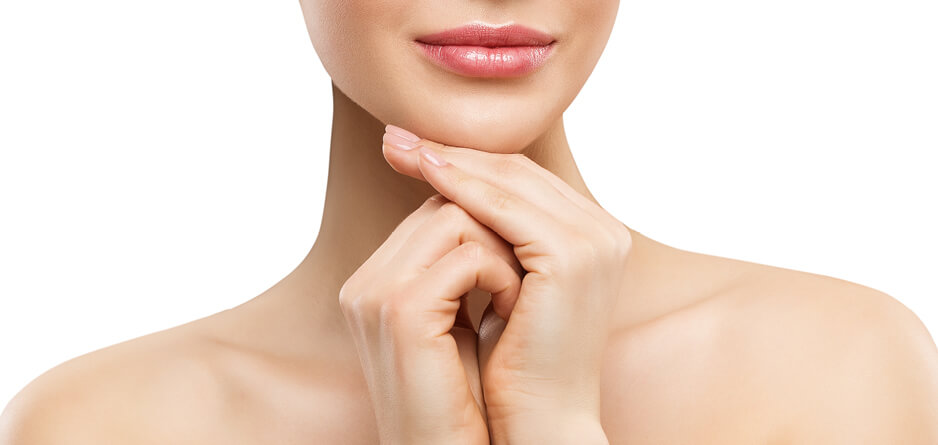 A woman's lips, with her hands underneath her chin on a white background