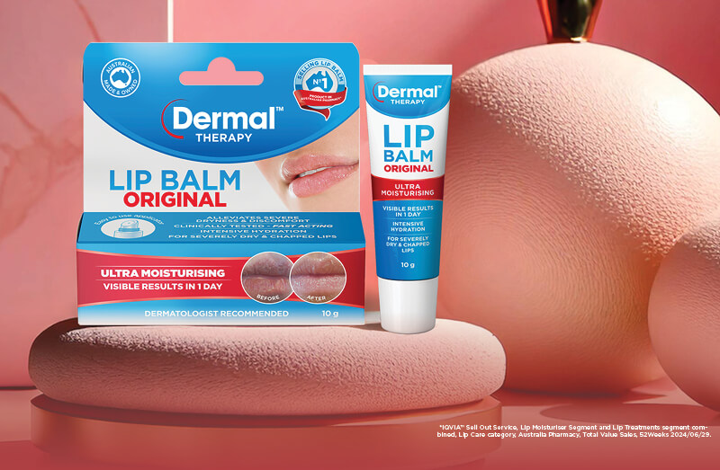 Promotional Graphic of Dermal Therapy Lip Balm Original craton & tube set on a pink background with a disclaimer in white: *IQVIA™ Sell Out Service, Lip Moisturiser Segment and Lip Treatments segment combined, Lip Care category, Australia Pharmacy, Total Value Sales, 52Weeks 2024/06/29.