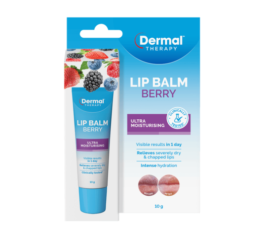 Front View of Dermal Therapy Lip Balm Berry Packaging
