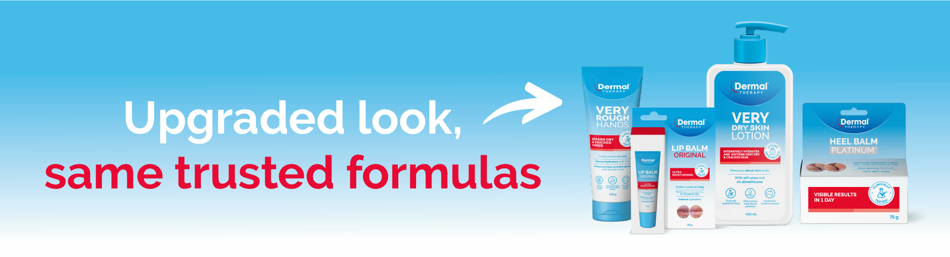 Promotional image showcasing the brand refresh on Dermal Therapy packaging set on a gradient blue background with text in white and red: Upgraded look, same trusted formulas