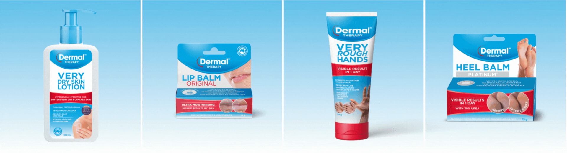 Promotional gif set with a gradient blue background showcasing selected older packaging images into new look ones