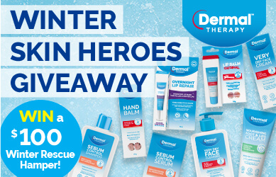 Promotional image set on a lighter icy blue background showcasing a selection of Dermal Therapy product packaging and text in navy, white and light yellow: Winter Skin Heroes Giveaway. Win a 0 winter rescue hamper