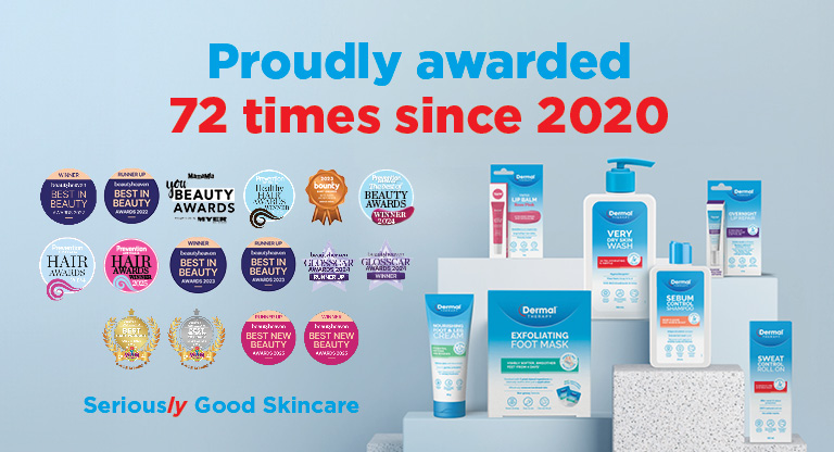 Promotional graphic including text in red and blue: “Proudly Awarded 72 times since 2020. Seriously good skincare” image also showcases a group of beauty awards on a grey blue background. These awards include Beauty Heaven Awards, You Beauty Awards and Bounty Awards amongst many others.