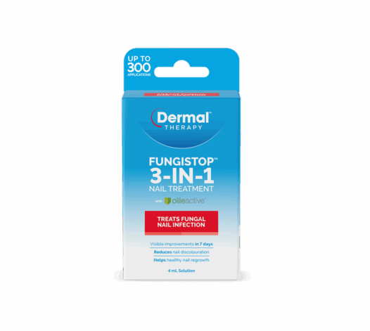 Front view of Dermal Therapy Fungistop 3-in-1 Nail Treatment box with blue and red design.