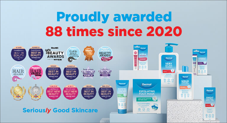 Promotional graphic including text in red and blue: “Proudly Awarded 88 times since 2020. Seriously good skincare” image also showcases a group of beauty awards on a grey blue background. These awards include Finder’s Awards, Beauty Heaven Awards, You Beauty Awards and Bounty Awards amongst many others.