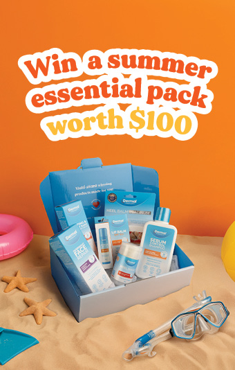 A blue gift box filled with Dermal Therapy skincare products displayed on sand with summer accessories like snorkel gear and starfish. Text overlay reads: “Win a summer essential pack worth 0.”
