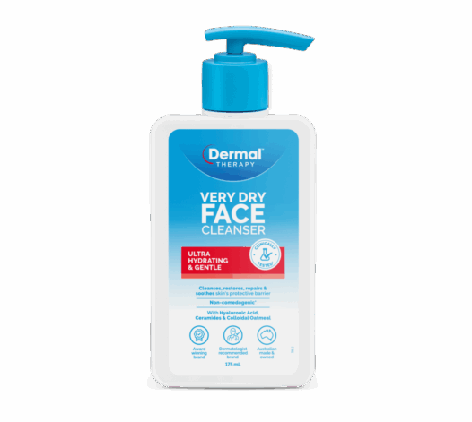 Dermal Therapy Very Dry Face Cleanser front view, 175 mL pump bottle