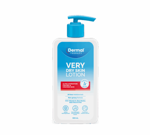 Front View of the Bottle for Dermal Therapy Very Dry Skin Lotion 500ml