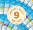 Collage of Dermal Therapy lip balm variants with the text “One sold every 9 seconds”.
