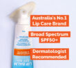 Dermal Therapy Lip Balm SPF50+ shown at an angle with text: Australia’s No.1 Lip Care Brand, Broad Spectrum SPF50+, Dermatologist Recommended.