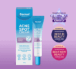 Dermal Therapy Acne Spot Cream tube and carton displayed with several award badges on a purple background