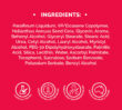 Ingredients list for Dermal Therapy Lip Balm Watermelon on a red background with icons