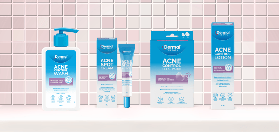 Dermal Therapy Acne Control skincare products including wash, spot cream, clear patch, and lotion displayed against a tiled background.