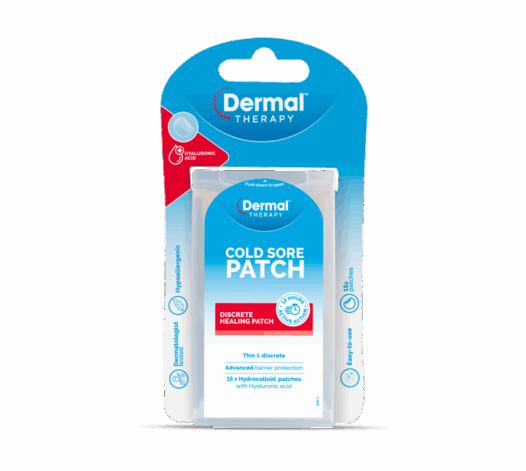 Front view of Dermal Therapy Cold Sore Patch packaging with product name and patch holder visible