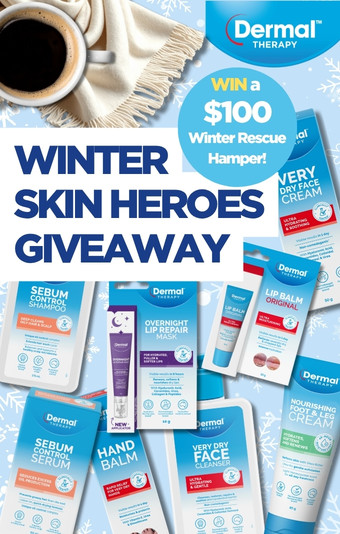 Dermal Therapy products arranged on a blue background with winter graphics and giveaway text