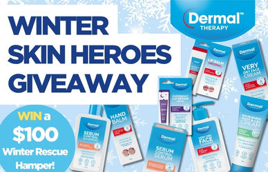 Dermal Therapy product range with winter themed background and giveaway text for mobile format