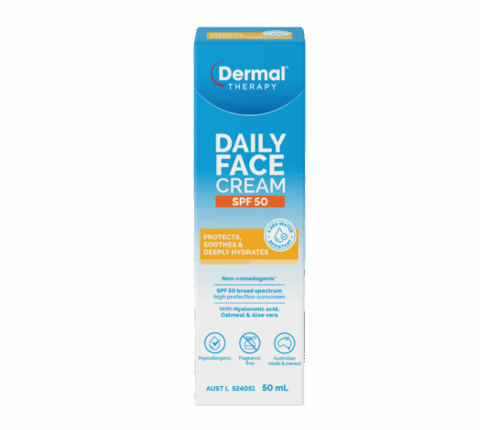 Front view of Dermal Therapy Daily Face Cream SPF 50 carton packaging 50mL