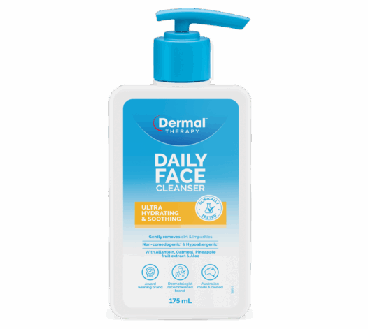 Front view of Dermal Therapy Daily Face Cleanser 175mL bottle with blue pump dispenser