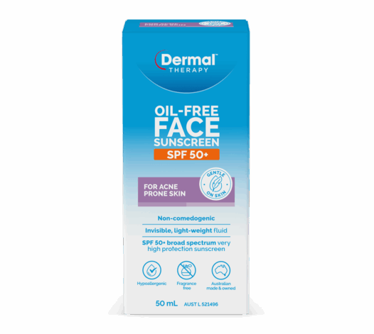 Front view of Dermal Therapy Oil-Free Face Sunscreen SPF 50+ box, 50 mL