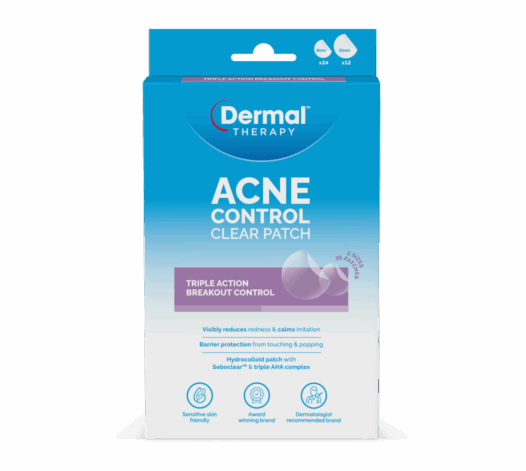 Front view of Dermal Therapy Acne Control Clear Patch packaging showing product name, triple-action breakout control, hydrocolloid patch with Seboclear™ and triple AHA complex, and icons for sensitive skin friendly, award-winning brand, and dermatologist recommended.